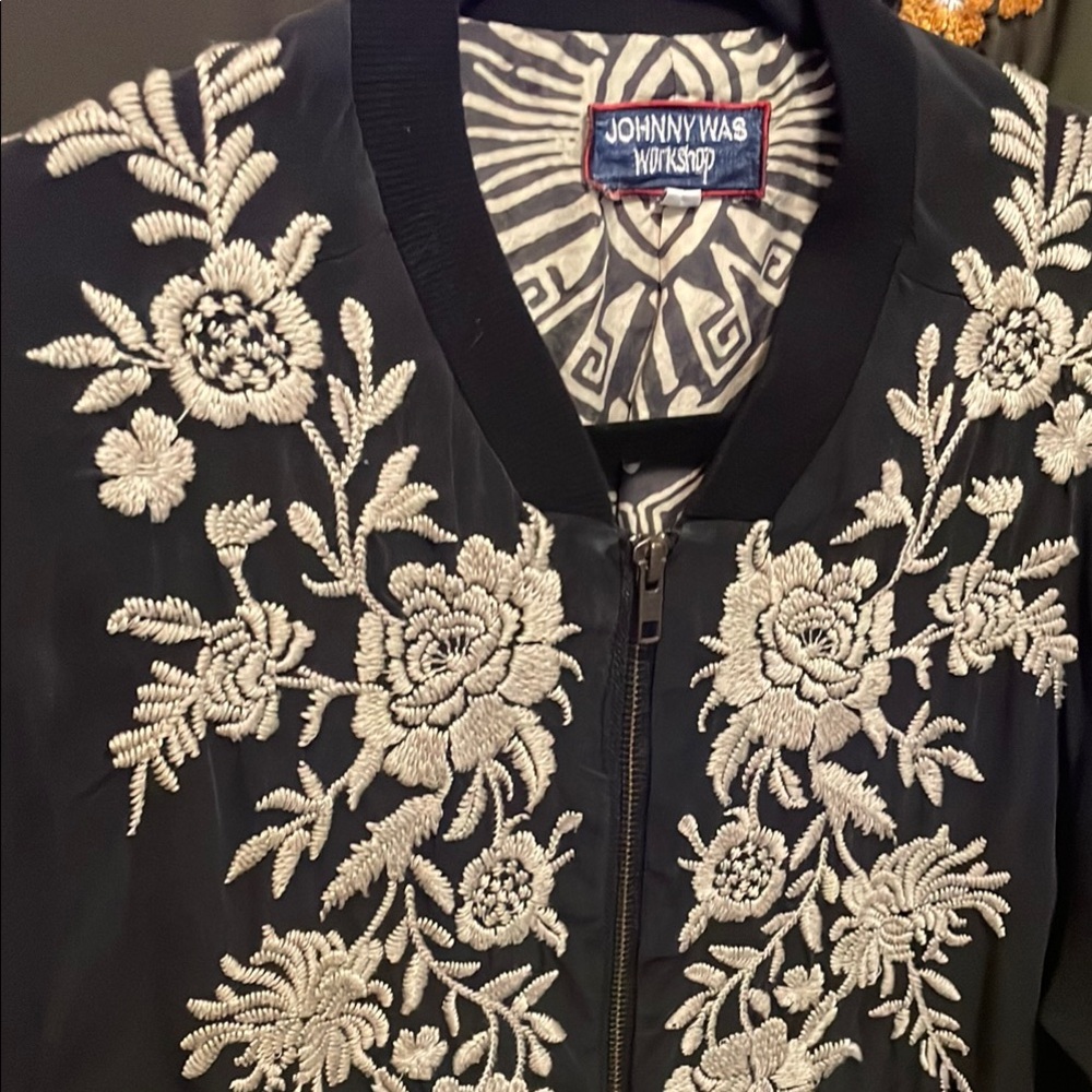 Johnny Was Black and White Bomber Jacket with Floral Embroidery